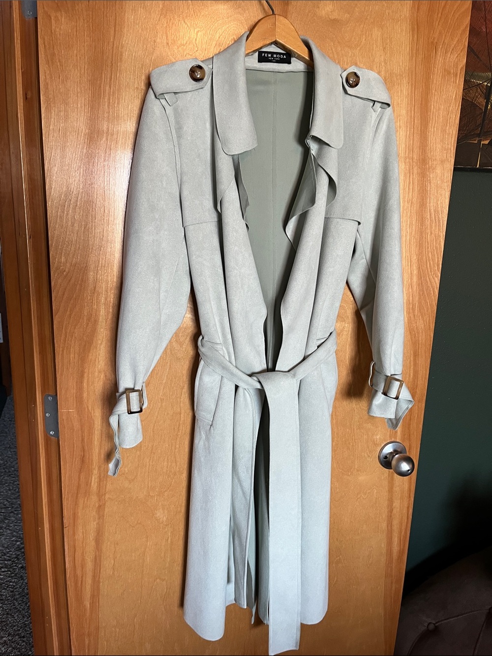 Faux Suede Long Trench Coat in Light Sage - Few Moda New York